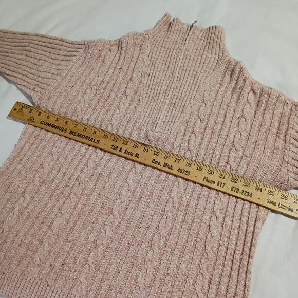 CJ Banks 1X Cable-Knit Petal-Pink Ribbed Cotton-Bend Zip-Collar Tunic Sweater - Picture 9 of 12